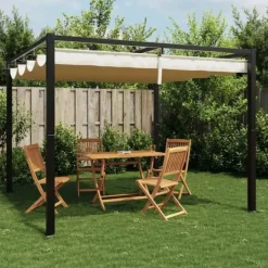 Best Gräddvit paviljong med infällbart tak - Trädgårdspaviljong | Storlek: 3x3 m | Material: Stål Valvbågar, Spaljéer, Bersåer & Pergolor