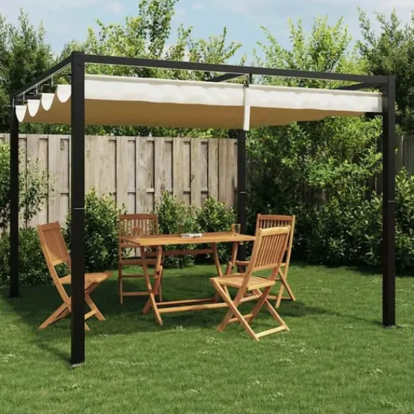 Best Gräddvit paviljong med infällbart tak - Trädgårdspaviljong | Storlek: 3x3 m | Material: Stål Valvbågar, Spaljéer, Bersåer & Pergolor