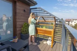 New Greenspot Miniväxthus med lock för balkong och terrass 80x45x120 cm - Växthus på träplattform, Upphöjd träbädd, Kallram med lock på höga ben, Mörk ros | CDON Växthus