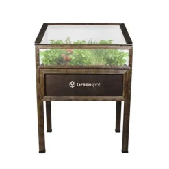 New Greenspot Miniväxthus med lock för balkong och terrass 80x45x120 cm - Växthus på träplattform, Upphöjd träbädd, Kallram med lock på höga ben, Mörk ros | CDON Växthus