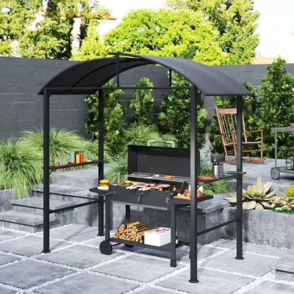 Grillpaviljong 233x110x235 cm, vindtålig med dubbeltak och hyllor, UV-skydd, stål, mörkgrå Valvbågar, Spaljéer, Bersåer & Pergolor