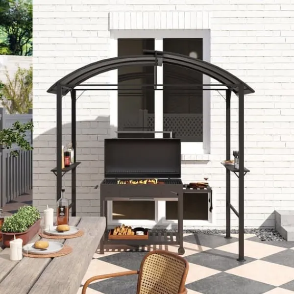 Grillpaviljong 233x110x235 cm, vindtålig med dubbeltak och hyllor, UV-skydd, stål, mörkgrå Valvbågar, Spaljéer, Bersåer & Pergolor
