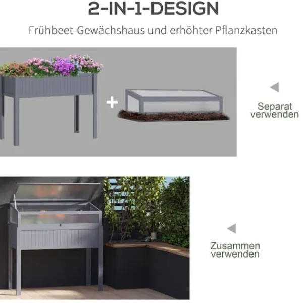 Hot Högbädd i trä med växthus 120x54x112/122 cm, polykarbonat, grå – för tomater & grönsaker Växthus