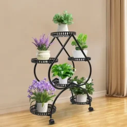 Hjärtformat växtställ - Blomsterställ - 6 hyllplan - Järn - 4 hjul (2 med broms) - 7,5 kg per hyllplan Växtställ
