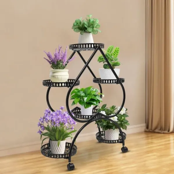 Hjärtformat växtställ - Blomsterställ - 6 hyllplan - Järn - 4 hjul (2 med broms) - 7,5 kg per hyllplan Växtställ