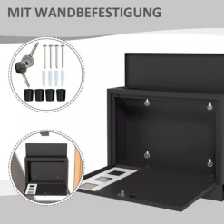 HOMCOM brevlåda svart metall med tidningsfack och visningsfönster, 36,5x11,5x29cm
