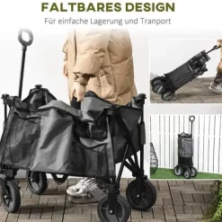 Discount Hopfällbar vagn upp till 120 kg, teleskophandtag, sidofickor & fällbar bricka, mörkgrå Trädgårdsverktyg
