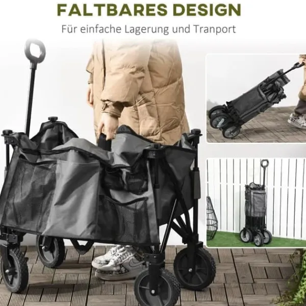 Discount Hopfällbar vagn upp till 120 kg, teleskophandtag, sidofickor & fällbar bricka, mörkgrå Trädgårdsverktyg