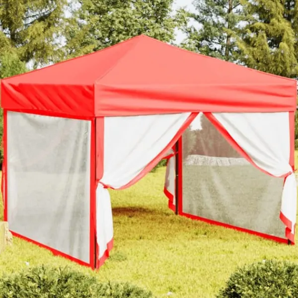 Hopfällbart partytält med sidoväggar - Uteplats, BBQ & Fester | Färg: Röd | Storlek: 3x3 m