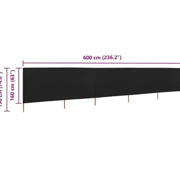 Hopfällbart vindskydd 5 paneler i non-woven tyg | Färg: Svart | Storlek: 600x160 cm