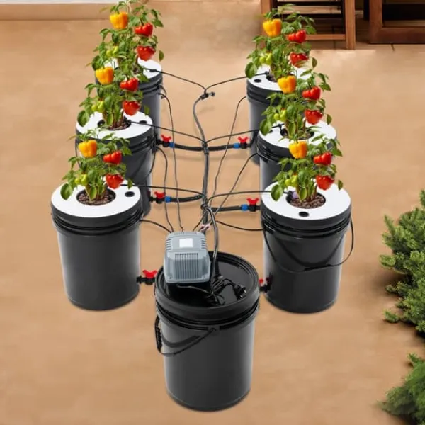 Sale Hydroponisk odling - DWC-system - 7 hinkar - 20 L per hink - 30×38 cm per hink - EU-kontakt 220–240 V 9 W - Svart Kit För Växt- & Örtplantering