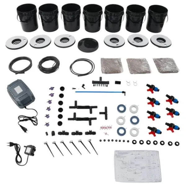 Sale Hydroponisk odling - DWC-system - 7 hinkar - 20 L per hink - 30×38 cm per hink - EU-kontakt 220–240 V 9 W - Svart Kit För Växt- & Örtplantering