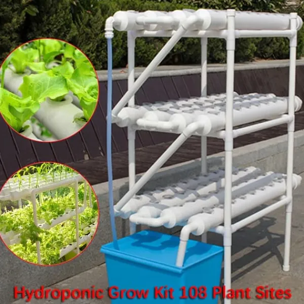 Sale Hydroponiskt odlingskit - 3-lagers odlingssystem - 108 hål - PVC-U - Rör Ø 6,3 cm - Hål Ø 3,2 cm - Slang 1,2 m - Vit Kit För Växt- & Örtplantering