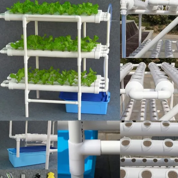 Sale Hydroponiskt odlingskit - 3-lagers odlingssystem - 108 hål - PVC-U - Rör Ø 6,3 cm - Hål Ø 3,2 cm - Slang 1,2 m - Vit Kit För Växt- & Örtplantering