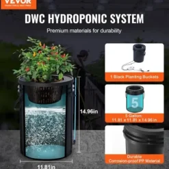 Hydroponiskt odlingssystem, 5-gallons djupvattenkultur, 30x30x38 cm, svart, PP-material