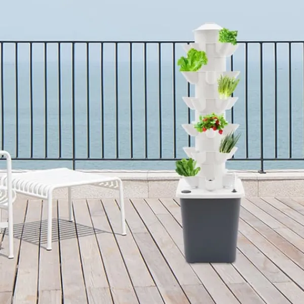 Discount Hydroponiskt odlingssystem - Vertikalt tornkit - 6 våningar - 30 planteringshål - Med vattenpump - Vattennivåmätare - Vit/Grå Kit För Växt- & Örtplantering