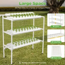 New Hydroponiskt odlingssystem, 3-vånings PVC-rörsystem, 90 odlingsplatser Kit För Växt- & Örtplantering