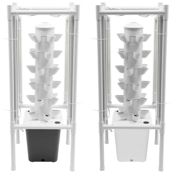 Online Hydroponiskt trädgårdssystem - Vertikalt odlingstorn - 30 Odlingshål - 6 Lager - 4 Växtlampor - 10 L Vattentank - Storlek 39×39×97 cm - Vit Kit För Växt- & Örtplantering