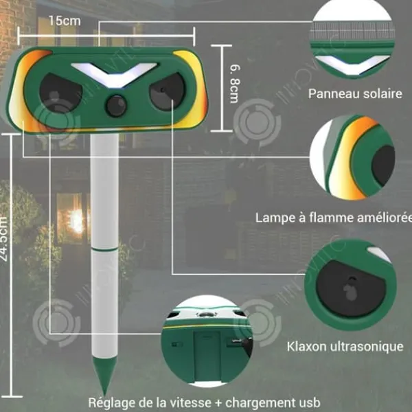 INN Katt avskräckare ultraljud 15x24,5cm 2 lägen blinkande ljus ip66 infraröd sensor solenergi USB-laddning ultraljud