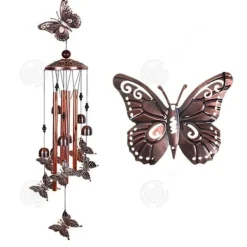 INN Wind Chime 11,2x82 cm Vintage järnmetallklockor med fjäril och boll på toppen Utomhus vindklocka med åttonde kroken