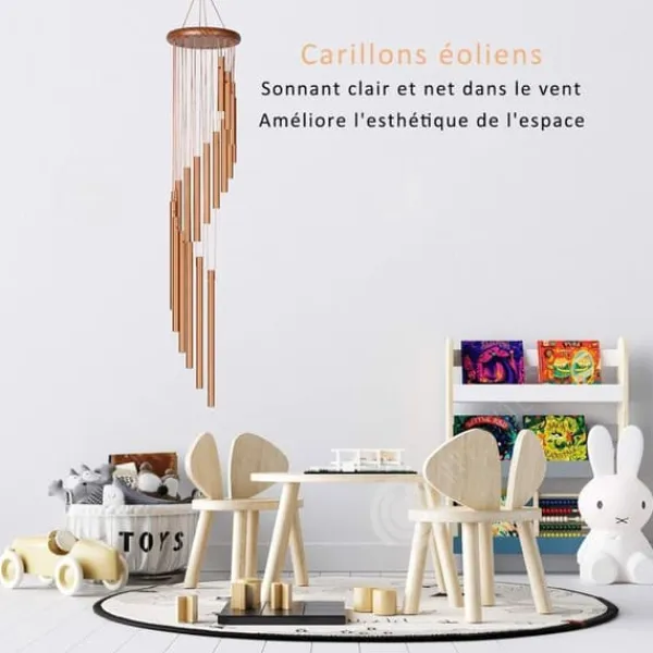 Clearance INN Wind Chime 12x90cm Roterande massivt trä Gyllene hängande utomhus vindklocka med 18 rör Aluminiumlegering Trädgård Vinddekoration
