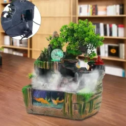 Online Inomhusfontän - Bordfontän med akvarium - LED-belysning - Dimgenerator - Vattenfall - 30 x 18 x 33 cm - Harts - 220 V - Brun Fontäner & Dammar