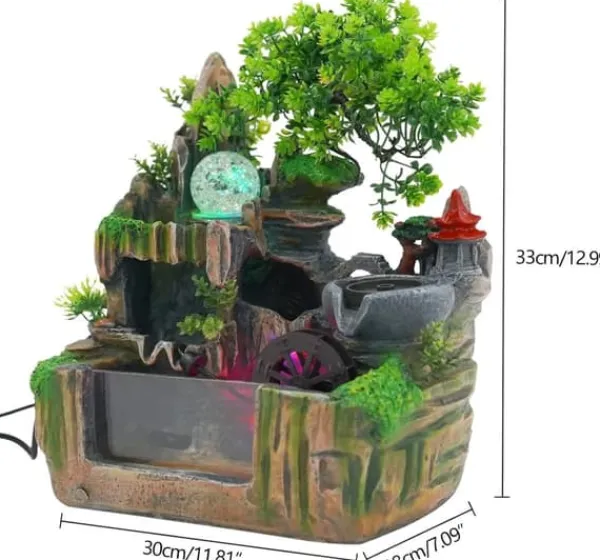 Online Inomhusfontän - Bordfontän med akvarium - LED-belysning - Dimgenerator - Vattenfall - 30 x 18 x 33 cm - Harts - 220 V - Brun Fontäner & Dammar