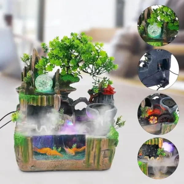 Online Inomhusfontän - Bordfontän med akvarium - LED-belysning - Dimgenerator - Vattenfall - 30 x 18 x 33 cm - Harts - 220 V - Brun Fontäner & Dammar
