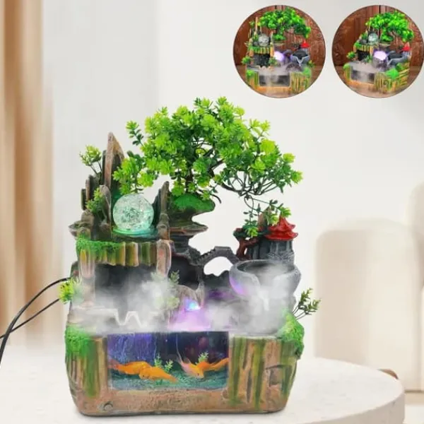 Online Inomhusfontän - Bordfontän med akvarium - LED-belysning - Dimgenerator - Vattenfall - 30 x 18 x 33 cm - Harts - 220 V - Brun Fontäner & Dammar