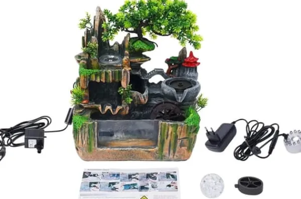 Online Inomhusfontän - Bordfontän med akvarium - LED-belysning - Dimgenerator - Vattenfall - 30 x 18 x 33 cm - Harts - 220 V - Brun Fontäner & Dammar
