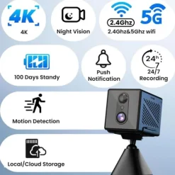 4K Övervakningskamera 5GHz WiFi Mini-kamera, Nattseende, Rörelsesensor, Lång batteritid, Fjärrvisning Säkerhetsmonitorer & Videokameror
