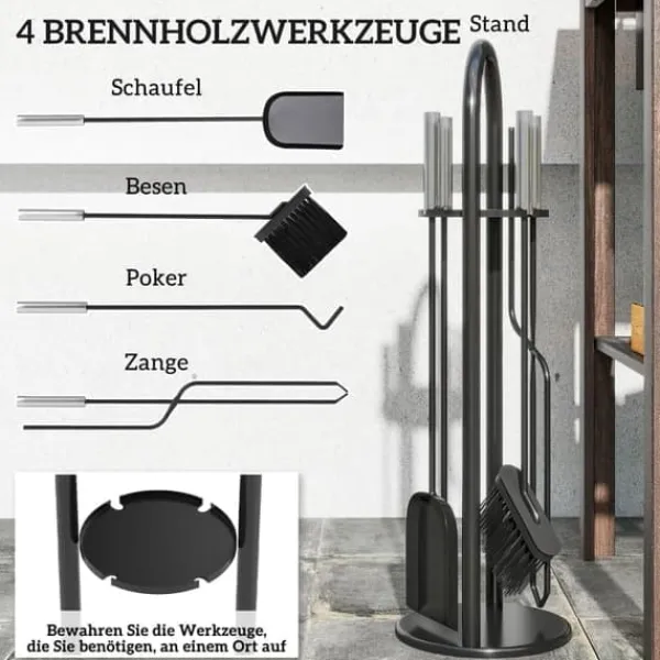 Kaminbesteck Set 5 delar med Besen, Schaufel, Schürhaken, Zange och Ständer