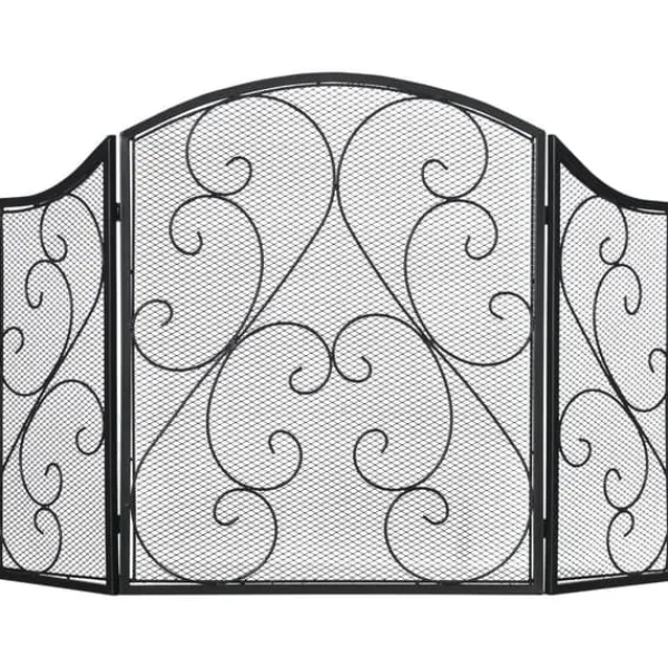 Kamingaller gnistskydd, vikbart 3-panel, vintage, metall, svart