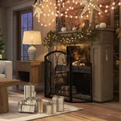 Kamingaller gnistskydd, vikbart 3-panel, vintage, metall, svart