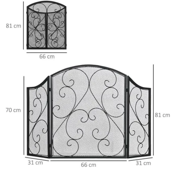 Kamingaller gnistskydd, vikbart 3-panel, vintage, metall, svart