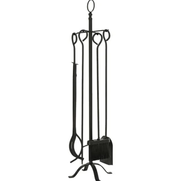 Kaminset 5-delars för inomhus: stativ och verktyg, smidesjärn, 20×20×82,5 cm, svart
