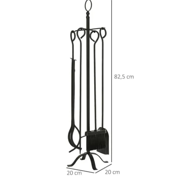 Kaminset 5-delars för inomhus: stativ och verktyg, smidesjärn, 20×20×82,5 cm, svart