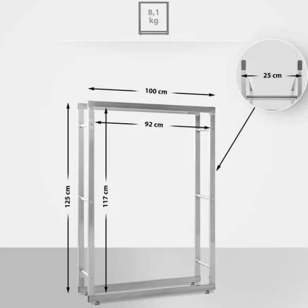 Keri V2 Stainless Steel Firewood Rack - 100x25x125 cm, Indoor Use, Stable Construction with Crossbars