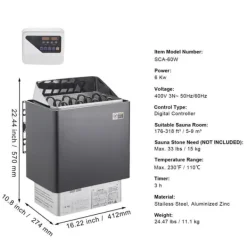 6KW Elektrisk Bastuvärmare, Spis med Digital Kontroller, för 5-9 m³ Hem Spa