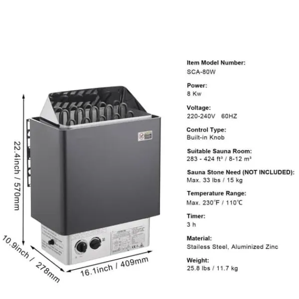 8KW Elektrisk Bastuvärmare, Inbyggd Kontroll, Anpassad för 8-12 m³ Hemma Spa