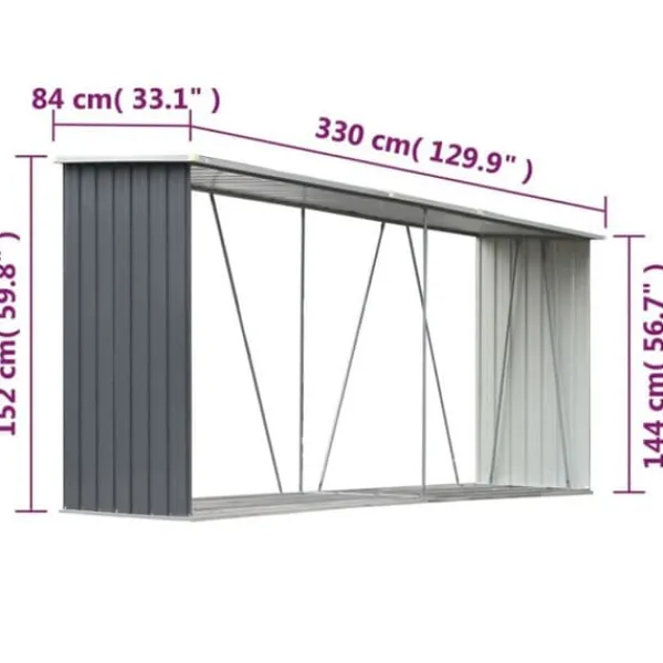 vidaXL Lagermetod för trä - - 330x84x152 cm - Galvaniserat stål - Grå - Traditionellt tak