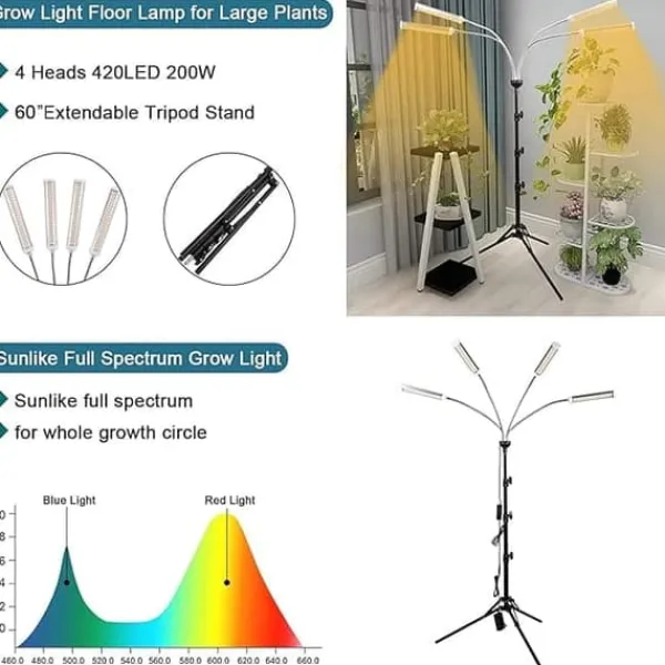 Clearance LED växtlampa för inomhusbruk – 420 fullspektrum LED med justerbart stativ 40–160 cm, golvlampa för odlingsväxter Kit För Växt- & Örtplantering