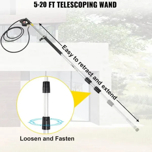 1,5-6m 4000PSI 9GPM högtryckstvätt teleskopisk förlängningsstav med 5 munstycken, för 3/8" snabbkoppling, stark rengöringseffekt