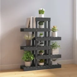 Massivt furuväxtställ med hyllor - Växtdekoration | Färg: Grå | Storlek: 85x25x109,5 cm