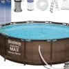 Clearance Mega Stor Inflaterbar Pool i Ratanlook med Filterpump, Stege & Skydd - Perfekt för Sommarunderhållning Pooler