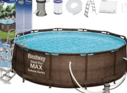 Clearance Mega Stor Inflaterbar Pool i Ratanlook med Filterpump, Stege & Skydd - Perfekt för Sommarunderhållning Pooler
