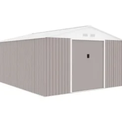 Metallisk trädgårdsförråd 12,99 m² - 340 x 382 x 210 cm - NEPTUNE - Ankar kit inkluderat, 2 skjutdörrar - Taupe