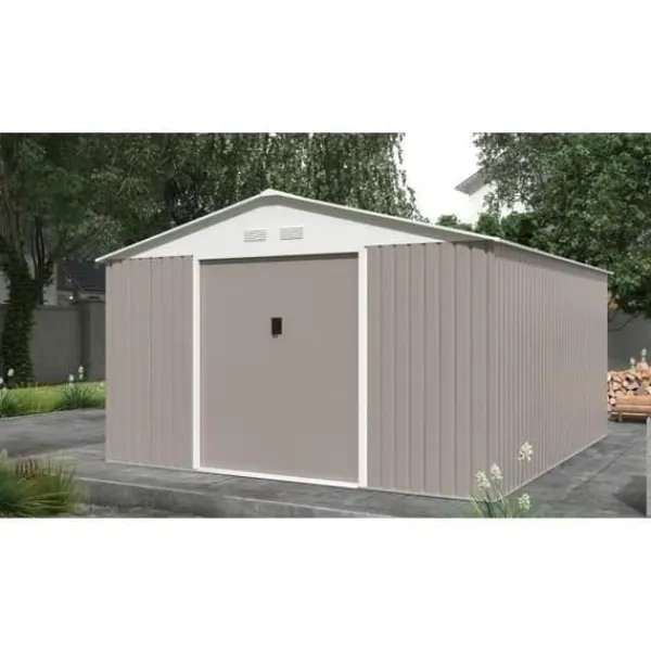 Metallisk trädgårdsförråd 12,99 m² - 340 x 382 x 210 cm - NEPTUNE - Ankar kit inkluderat, 2 skjutdörrar - Taupe