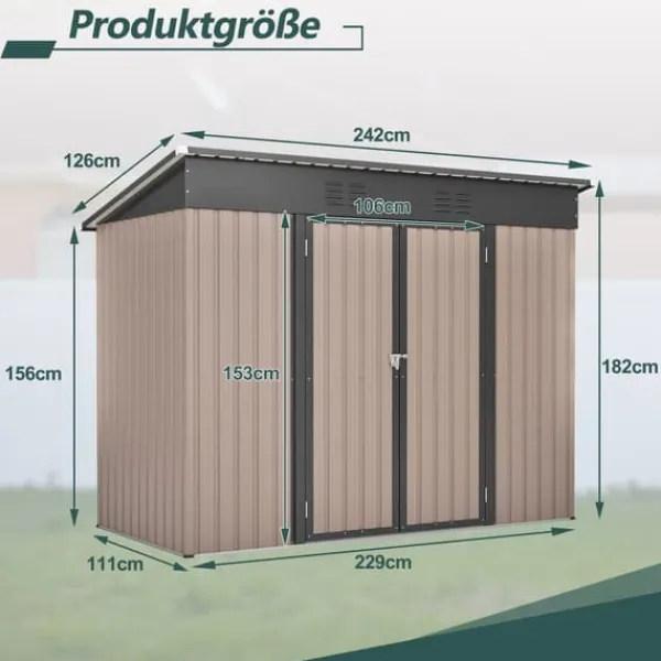 Best Metallverktygsskjul, 8x4 FT, Väderbeständig Konstruktion, Lutande Takdesign, Ventilationssystem, Låsbara Dörrar Skjul, Garage & Carports