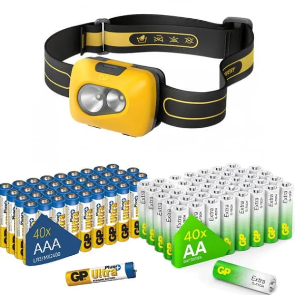 Hot Nödlampssats med 40 AA GP Extra & 40 AAA GP Ultra Plus-batterier | Pålitlig LED-pannlampa och batteripaket för hem- och utomhussäkerhet Beredskapsplaner